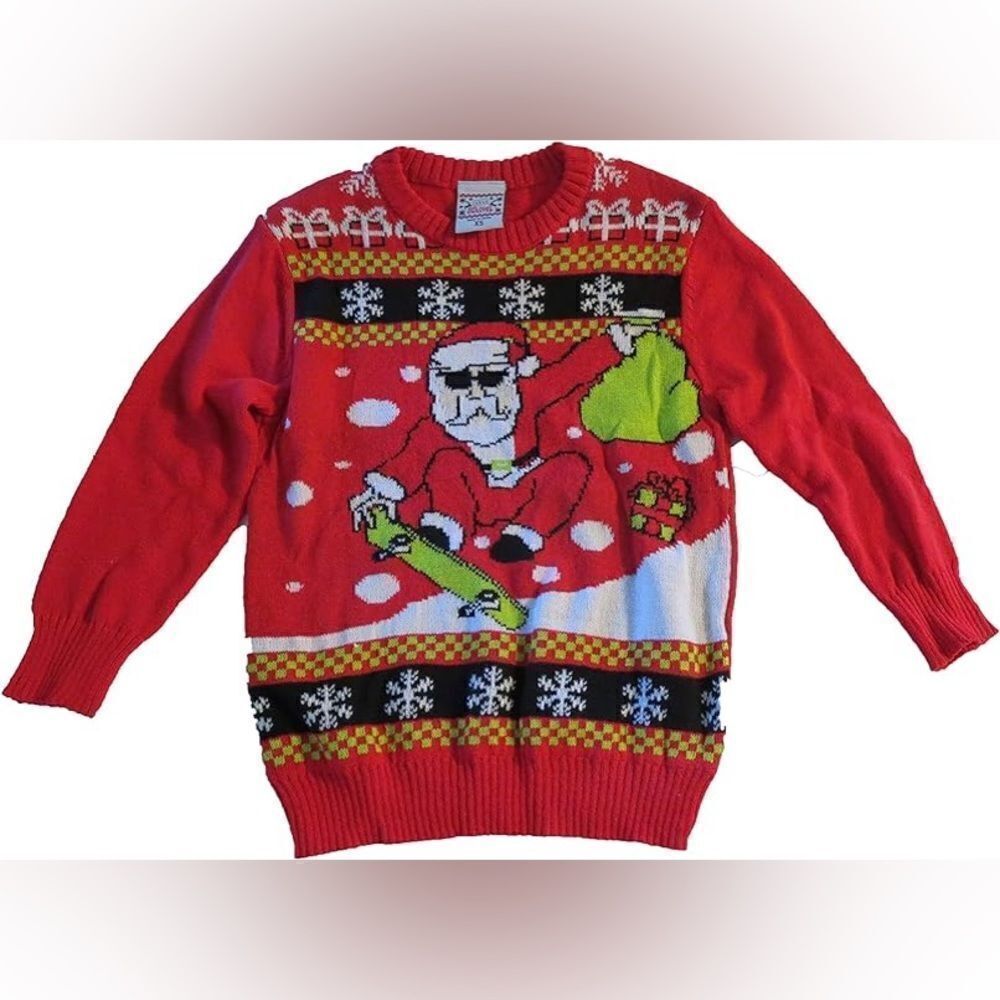 Skater Skateboard Santa Ugly Christmas Sweater red youth crew neck XL Adult S/M